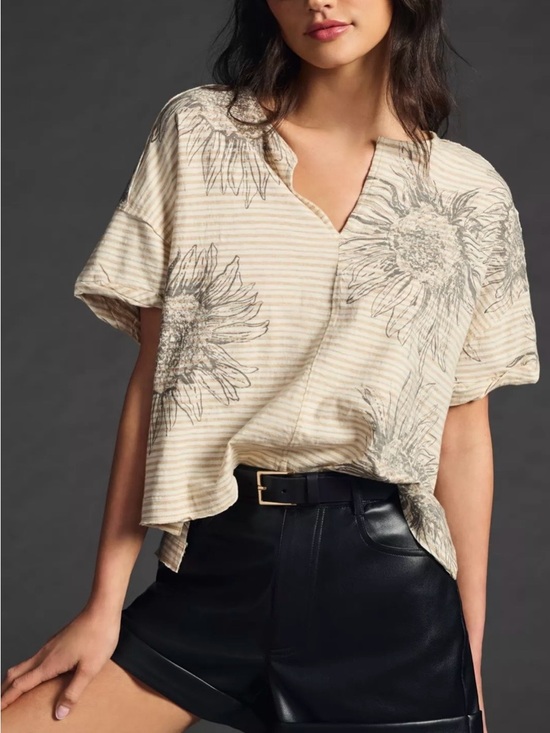 Pilcro Tops - Pilcro Split-Neck Tee Cream Striped Sunflower Short Sleeve,SizeSmall,100% cotton